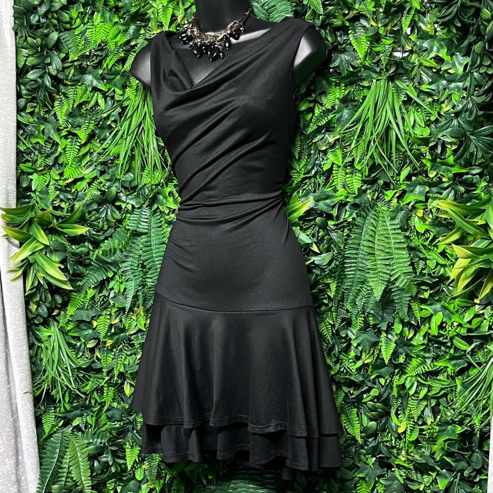 Urban Outfitters Dress Small Black Cowl‎ Neck Ruched Tiered Ruffle Mini 3739